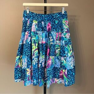 Lilly Pulitzer Bryant Tiered A-Line Skirt Blue Cheetah Print 4 Summer Colorful